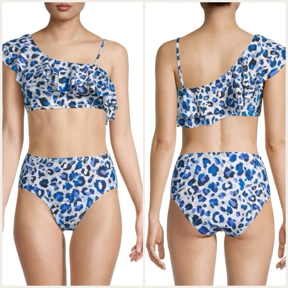 NEW TAHARI Blue Leopard Print Asymmetrical Ruffle Top Bikini Swim Set Sz M